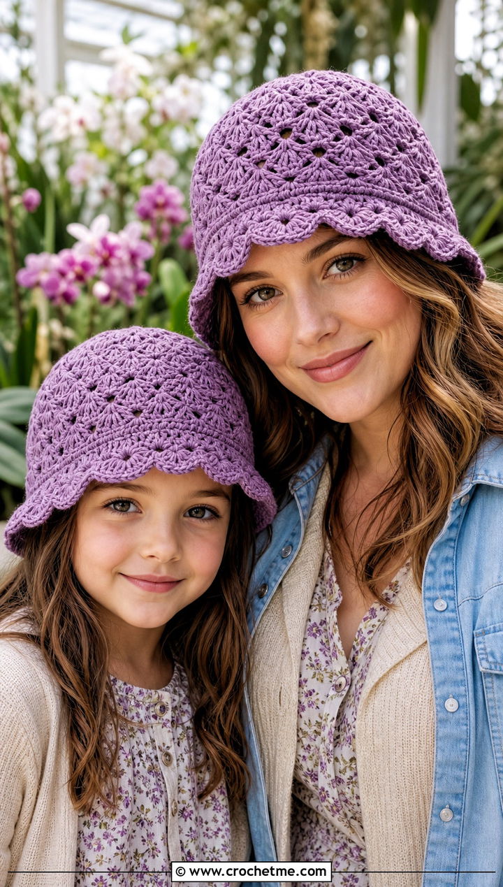 Shell Stitch Crochet Hats With Floral Dresses - 25 crochet mommy and me hats outfit ideas