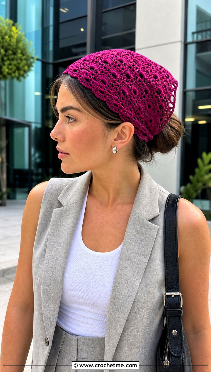 Shell Stitch Crochet Head Scarf With Tailored Vest and Trousers - 25 Crochet Boho Head Scarf outfit ideas