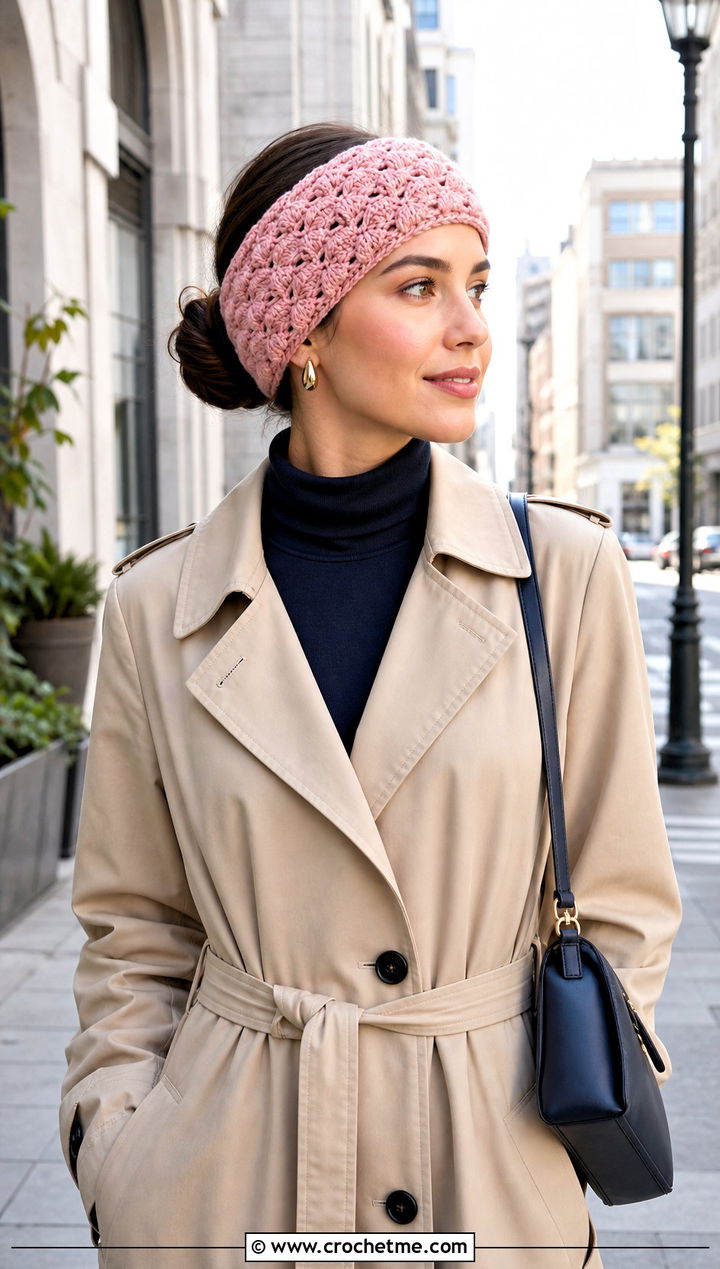 Shell Stitch Crochet Headband Ear Warmer With Trench Coat - 20 Crochet Headband Ear Warmer outfit ideas