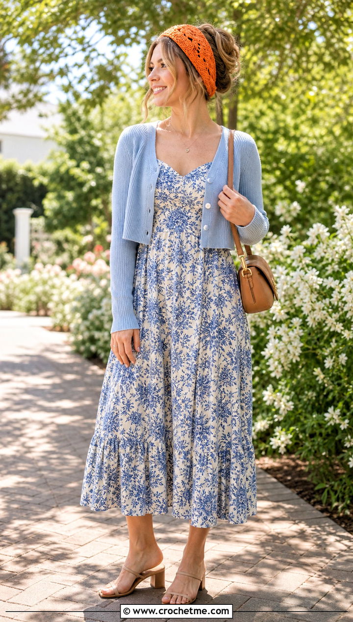 Shell Stitch Crochet Headband With Floral Midi Dress - 35 crochet headband with hair tie outfit ideas