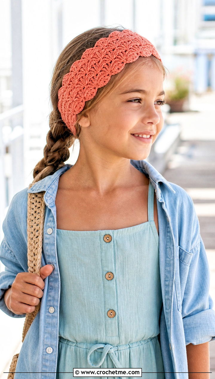 Shell Stitch Crochet Headband With Linen Romper - 15 Childrens Crochet Headband outfit ideas