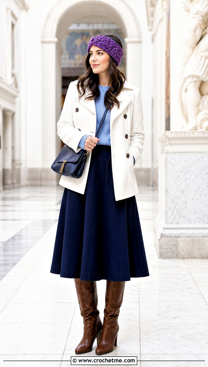 Shell Stitch Crochet Headband With Peacoat And Midi Skirt - 35 winter crochet headband outfit ideas