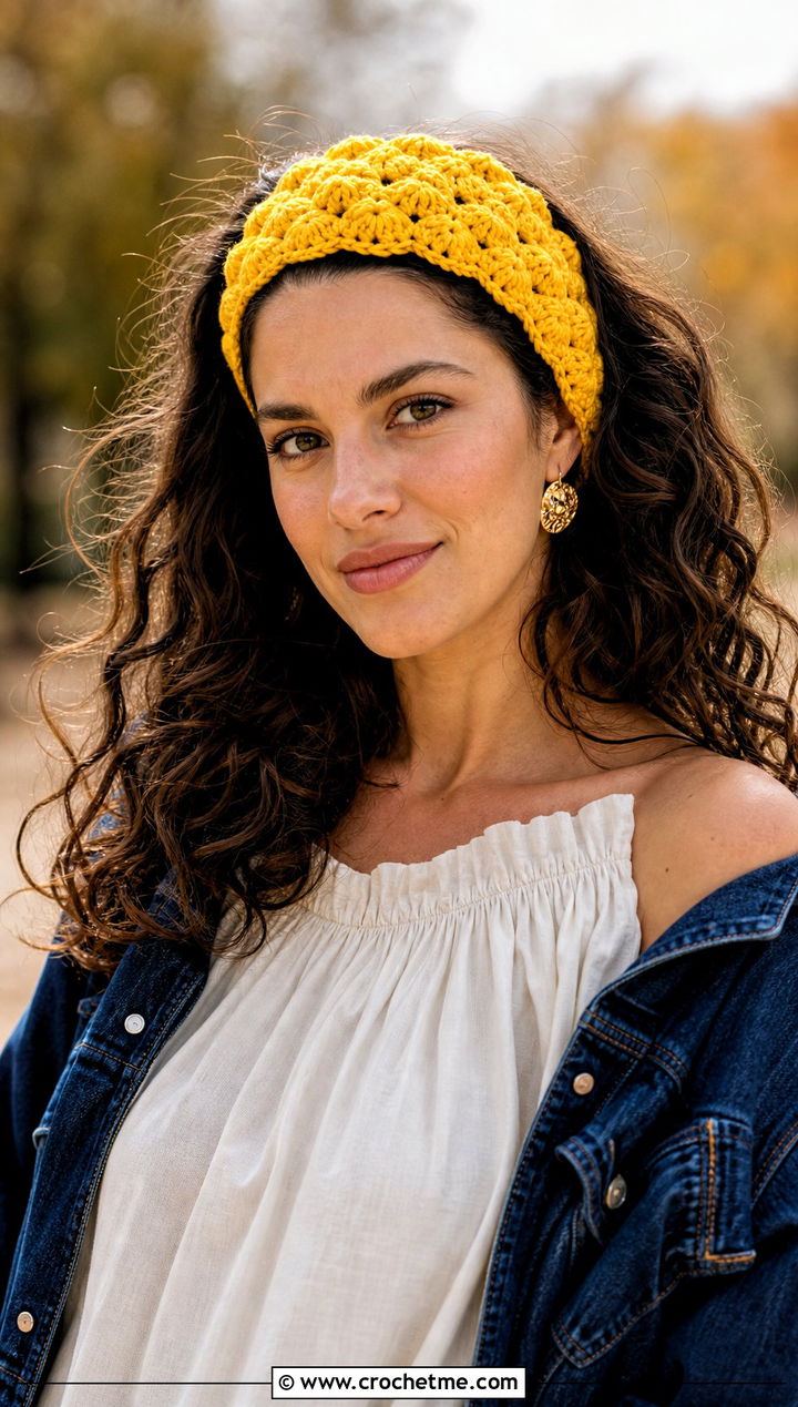 Shell Stitch Crochet Headband With Peasant Blouse - 30 boho crochet headband outfit ideas