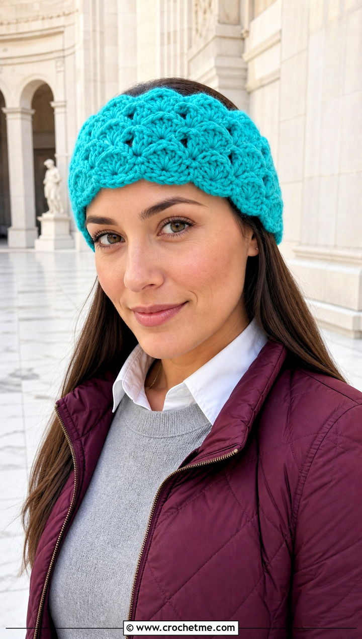 Shell Stitch Crochet Headband With Quilted Jacket - 15 wool ease thick and quick crochet headband outfit ideas