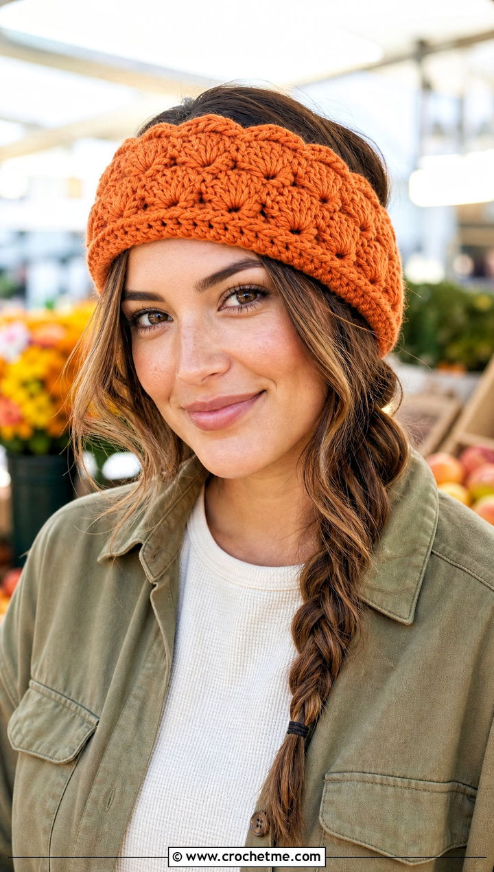 Shell Stitch Crochet Headband With Shacket - 30 crochet fall headband outfit ideas