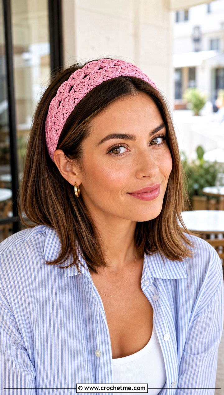 Shell Stitch Crochet Headband With Striped Shirt And Jeans - 15 summer crochet headband outfit ideas