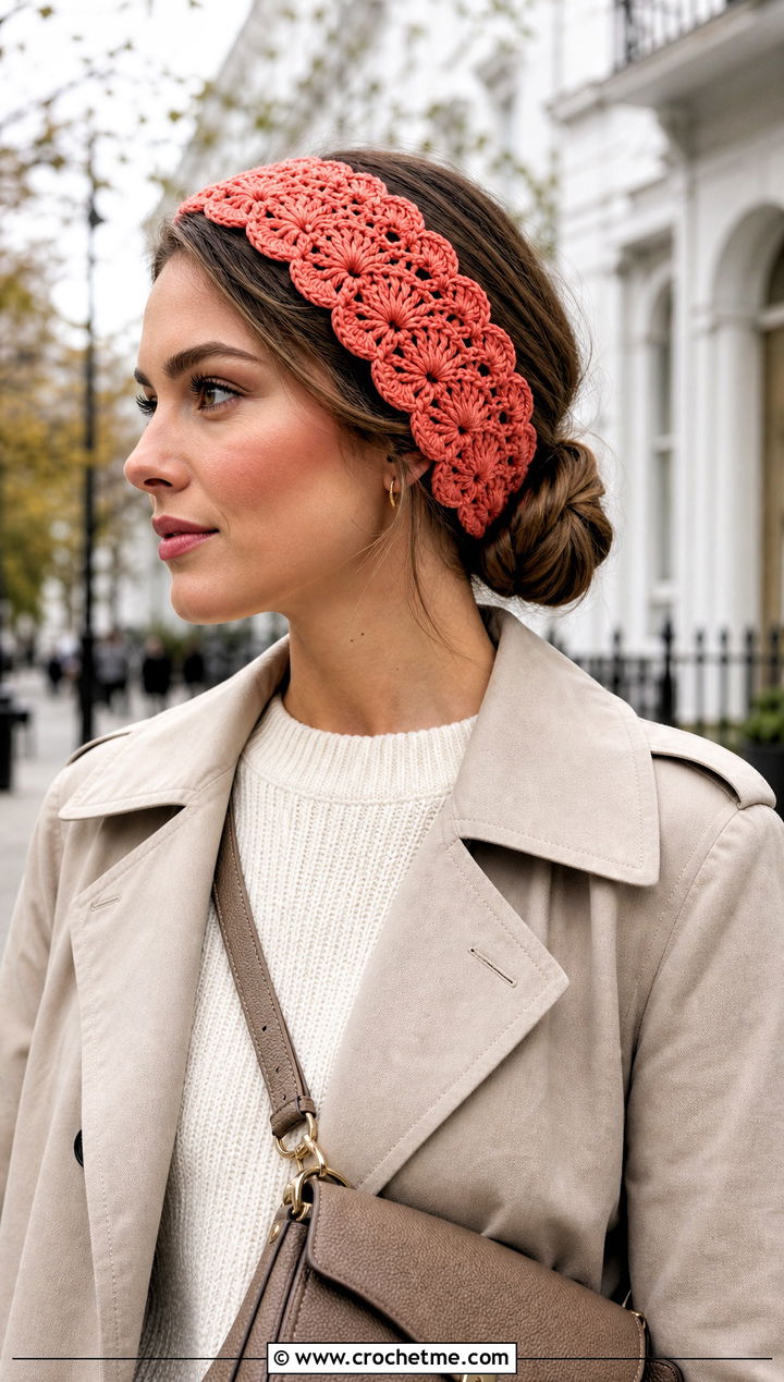 Shell Stitch Crochet Headband With Trench Coat - 30 chunky crochet headband outfit ideas