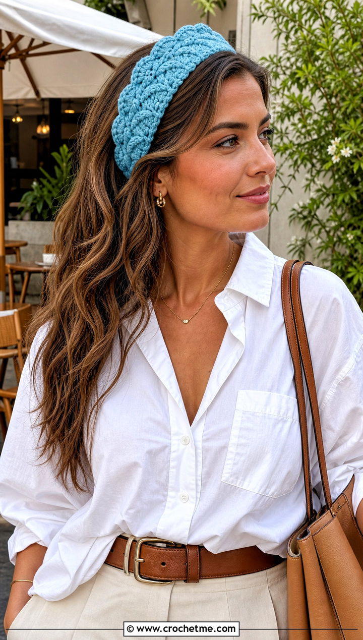 Shell Stitch Crochet Headband With White Shirt - 30 crochet headband for women outfit ideas
