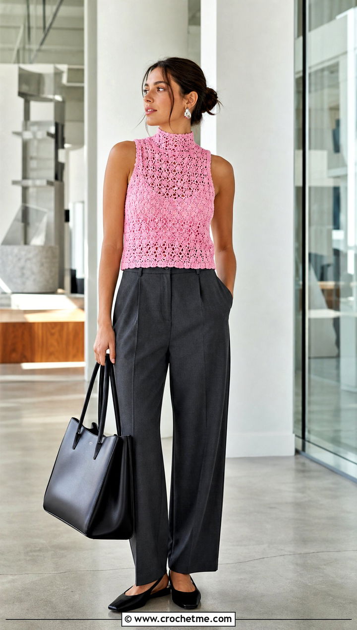 Shell Stitch Crochet High Neck Tank Top With Tailored Trousers - 25 crochet high neck tank top outfit ideas