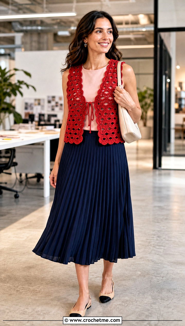 Shell Stitch Crochet Hippie Vest With Pleated Midi Skirt - 25 crochet hippie vest outfit ideas