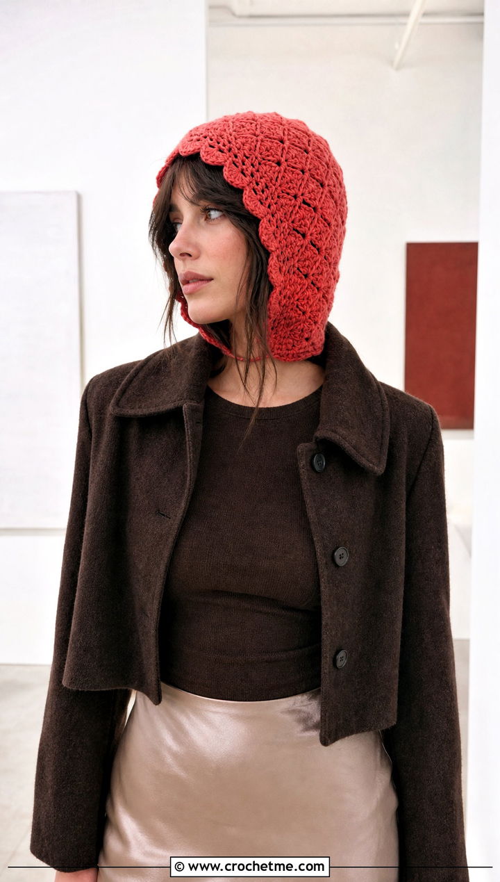 Shell Stitch Crochet Hood Hat With Satin Skirt - 25 crochet hood hat outfit ideas
