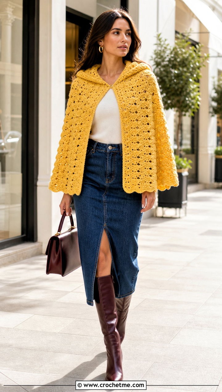 Shell Stitch Crochet Hooded Cape With Denim Midi Skirt - 35 crochet hooded cape outfit ideas