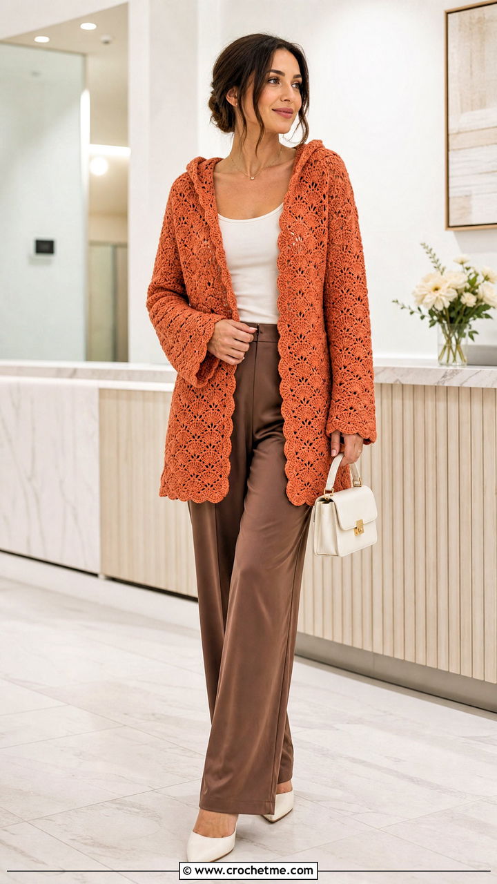 Shell Stitch Crochet Hooded Cardigan With Satin Trousers - 35 crochet hooded cardigan outfit ideas
