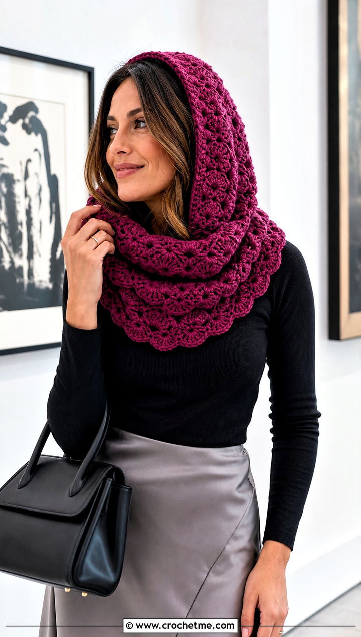 Shell Stitch Crochet Hooded Cowl With Satin Skirt - 30 easy crochet hooded cowl outfit ideas