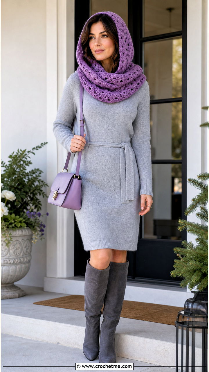 Shell Stitch Crochet Hooded Cowl With Sweater Dress - 35 crochet hooded cowl outfit ideas