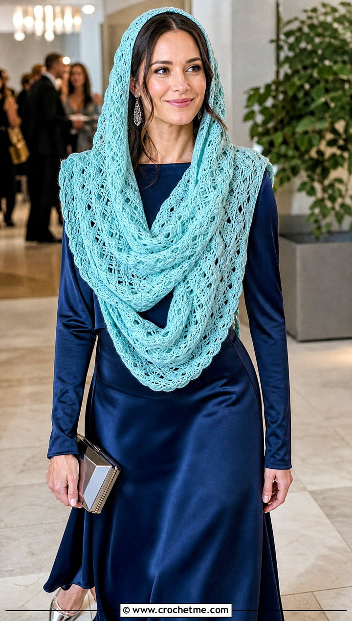Shell Stitch Crochet Hooded Infinity Scarf With Satin Dress - 15 crochet infinity scarf with hood outfit ideas