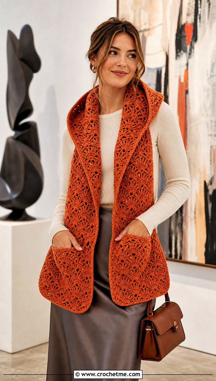 Shell Stitch Crochet Hooded Pocket Scarf With Satin Midi Skirt - 25 crochet hooded pocket scarf outfit ideas
