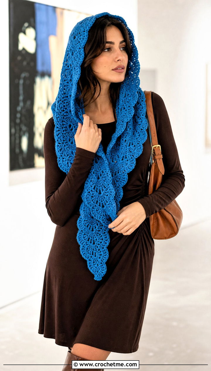 Shell Stitch Crochet Hooded Scarf With Midi Dress Outfit - 30 crochet scarf with hood outfit ideas