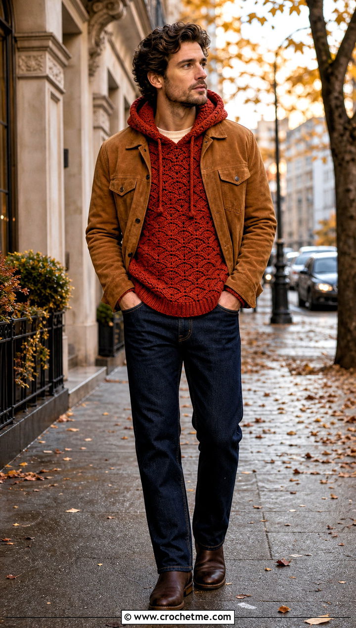 Shell Stitch Crochet Hoodie With Suede Jacket - 35 crochet hoodie for men outfit ideas