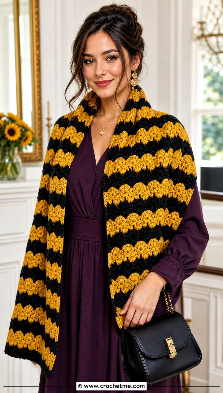 Shell Stitch Crochet Hufflepuff Scarf With Midi Dress - 30 crochet hufflepuff scarf outfit ideas