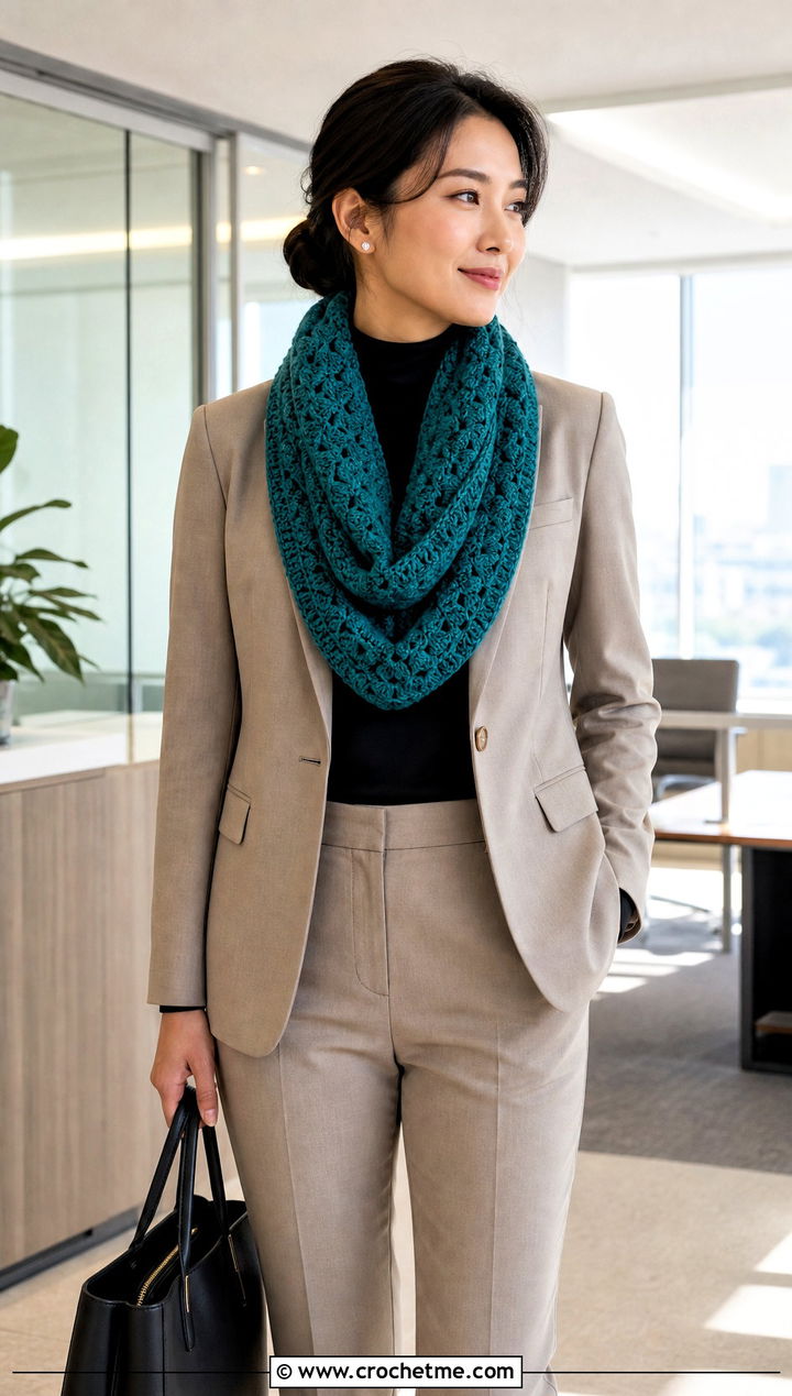 Shell Stitch Crochet Infinity Scarf With Blazer - 15 Crochet Infinity Scarf On Hanger outfit ideas