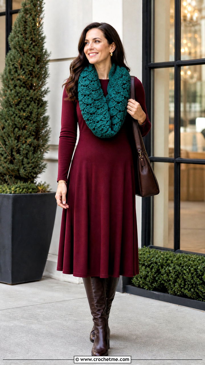 Shell Stitch Crochet Infinity Scarf With Midi Dress - 35 crochet infinity scarf outfit ideas