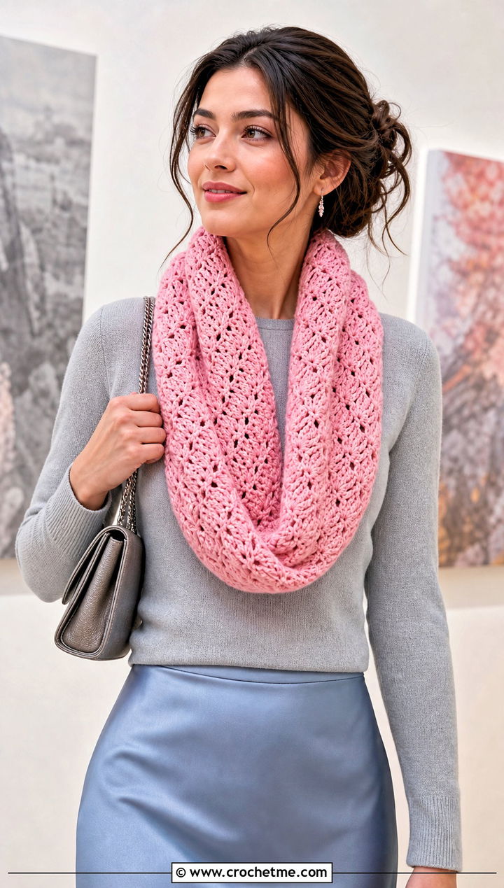 Shell Stitch Crochet Infinity Scarf With Satin Midi Skirt - 25 infinite crochet scarf outfit ideas