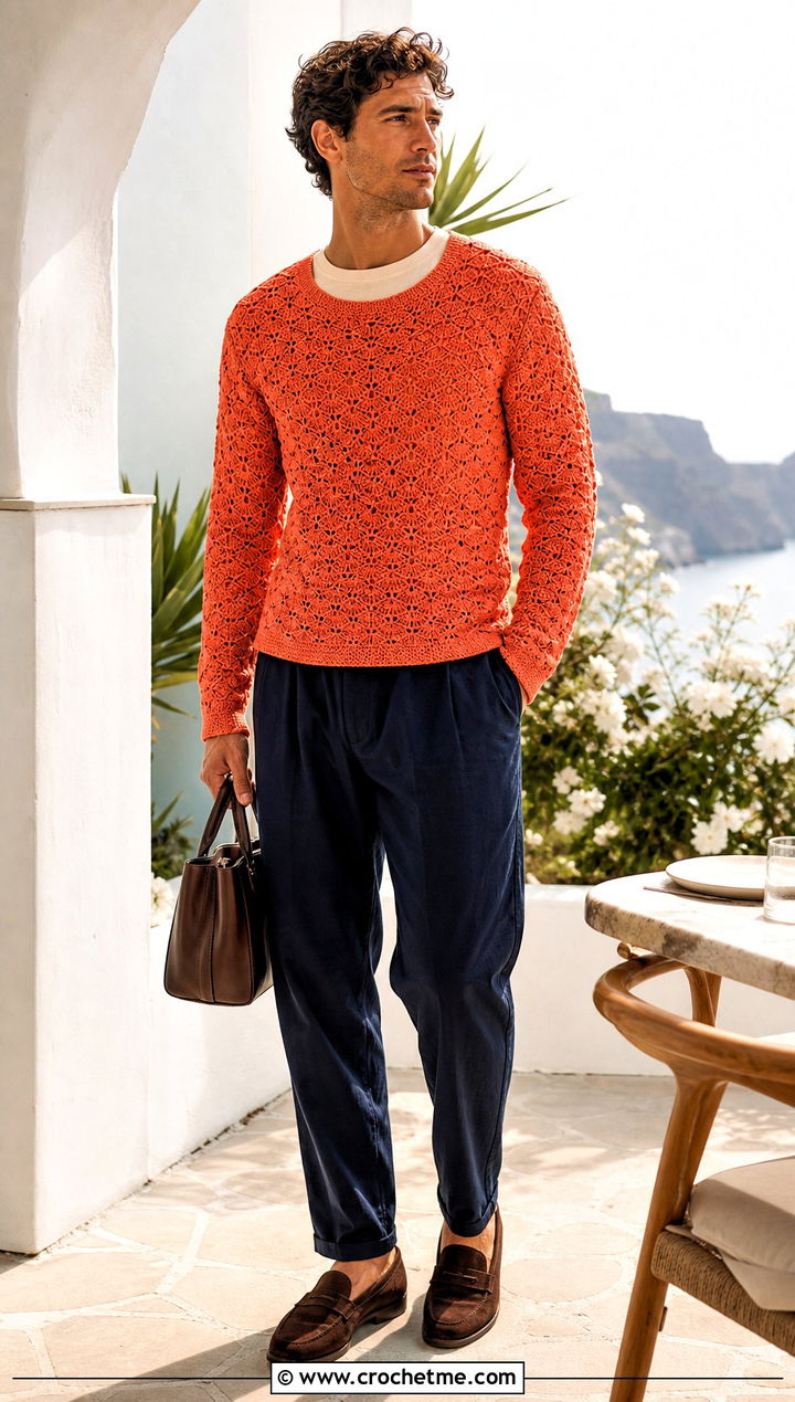 Shell Stitch Crochet Jumper With Relaxed Trousers - 35 men crochet jumper outfit ideas