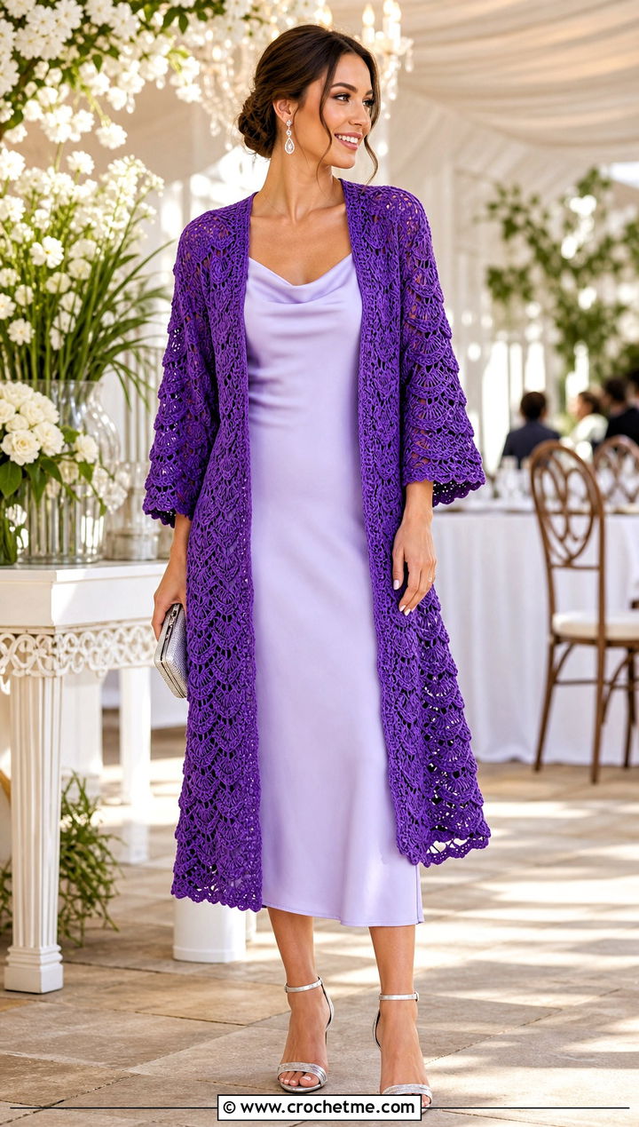 Shell Stitch Crochet Kimono Cardigan With Bias Cut Dress - 35 crochet kimono cardigan outfit ideas