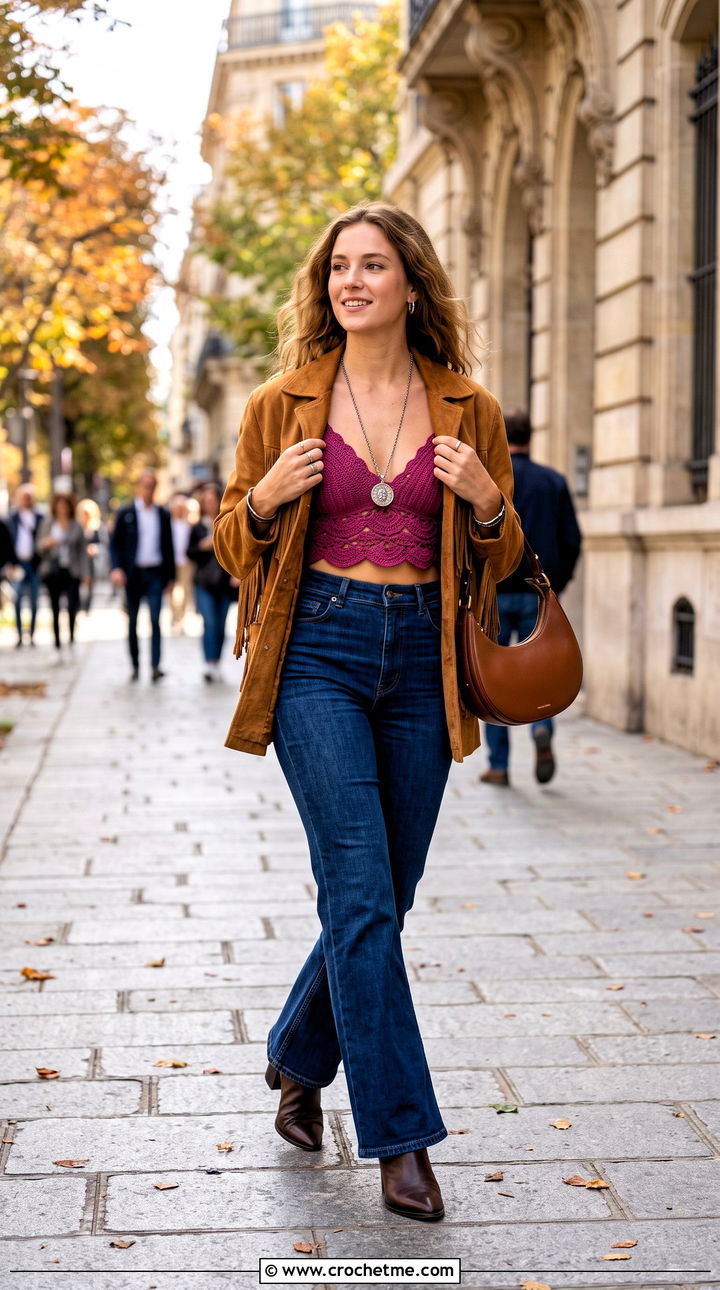 Shell Stitch Crochet Lace Bralette With Suede Jacket - 15 crochet lace bralette with necklace outfit ideas