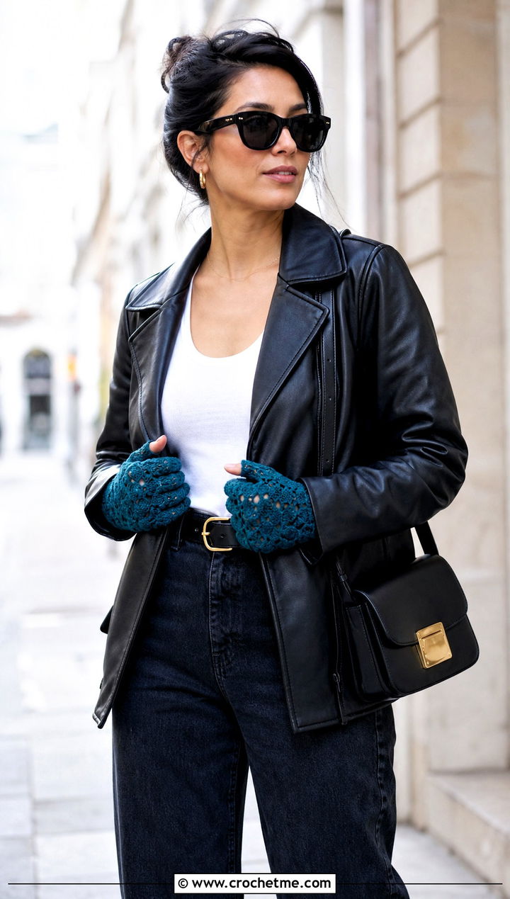 Shell Stitch Crochet Lace Gloves With Leather Jacket And Jeans - 30 crochet lace gloves outfit ideas