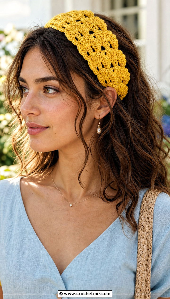 Shell Stitch Crochet Lace Headband With Linen Dress - 30 crochet lace headband outfit ideas
