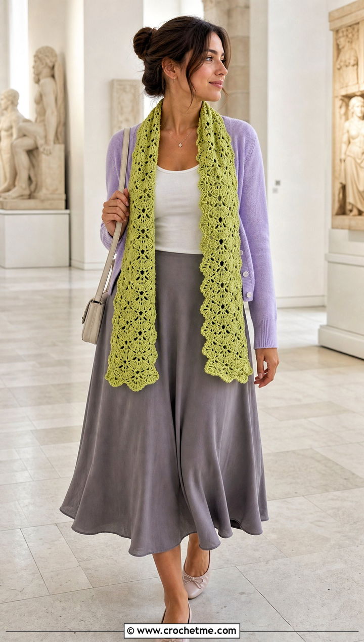 Shell Stitch Crochet Lace Scarf With Cardigan And Midi Skirt - 30 easy crochet lace scarf outfit ideas