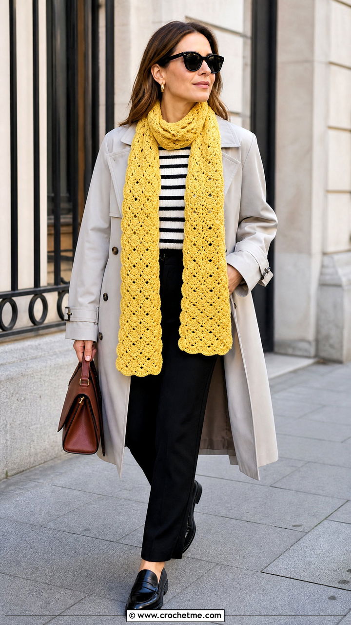 Shell Stitch Crochet Lace Scarf With Trench Coat And Loafers - 35 crochet lace scarf outfit ideas