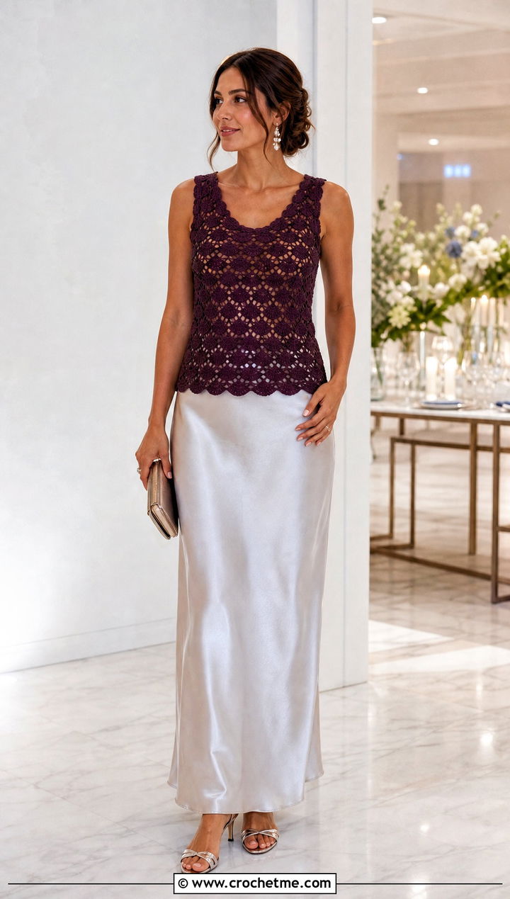 Shell Stitch Crochet Lace Tank Top With Satin Maxi Skirt - 30 crochet lace tank top outfit ideas