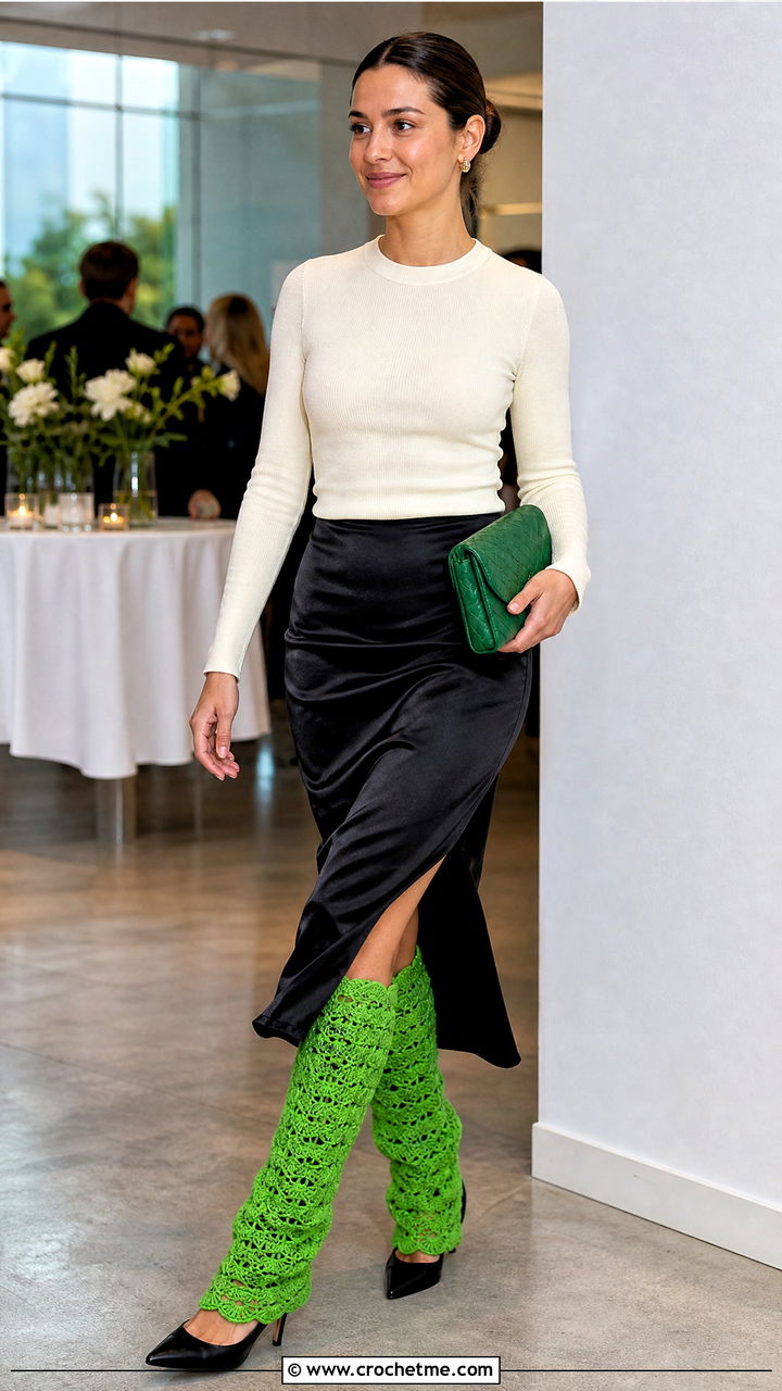 Shell Stitch Crochet Leg Warmers With Satin Midi Skirt - 35 crochet leg warmers outfit ideas