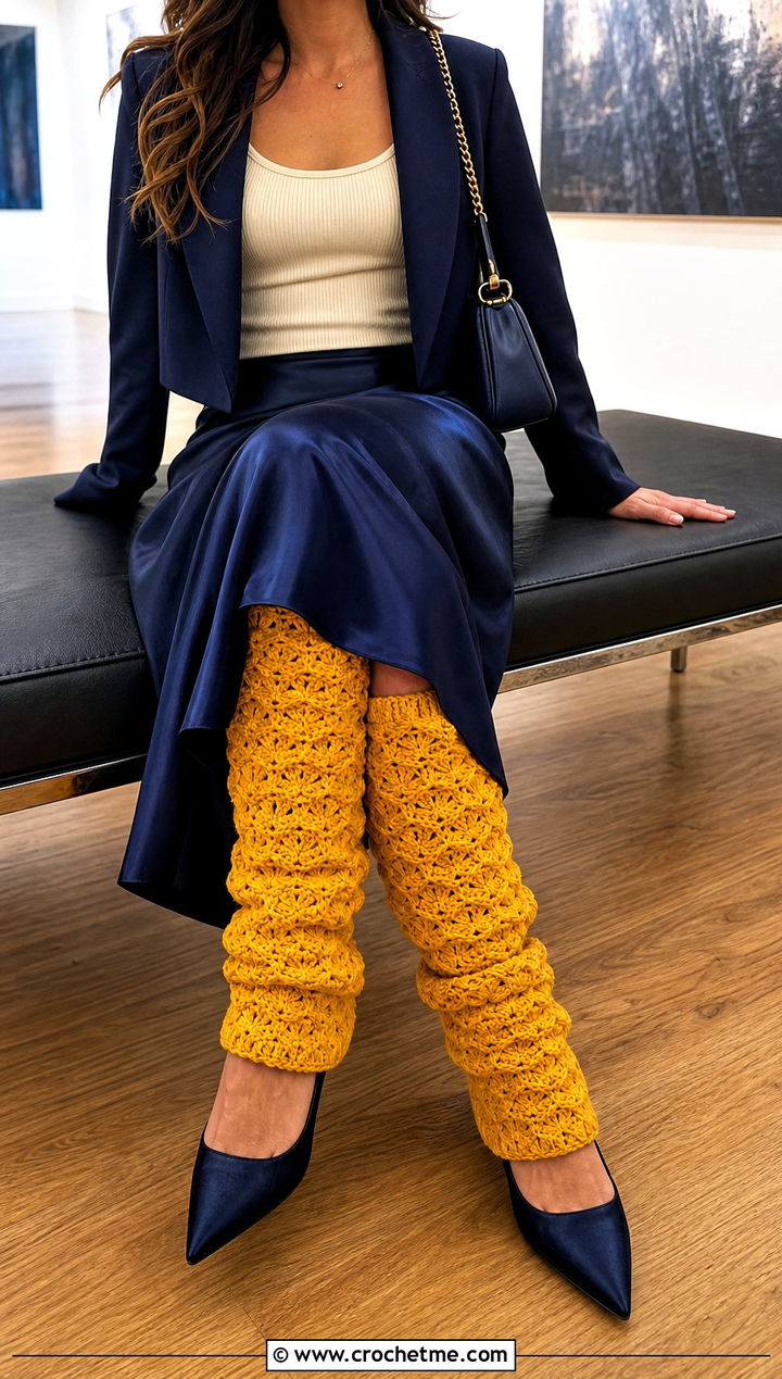 Shell Stitch Crochet Leg Warmers With Satin Midi Skirt - 30 cute crochet leg warmers outfit ideas