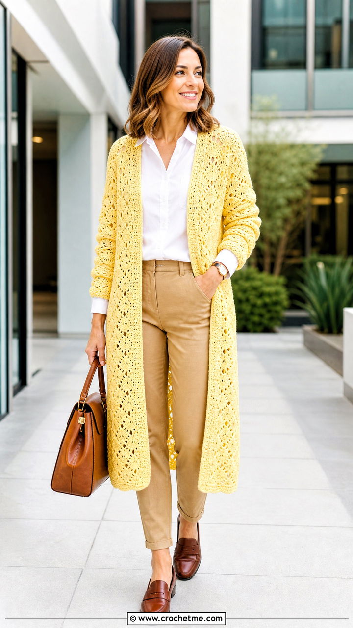 Shell Stitch Crochet Long Cardigan With Chino Pants - 35 crochet long cardigan outfit ideas