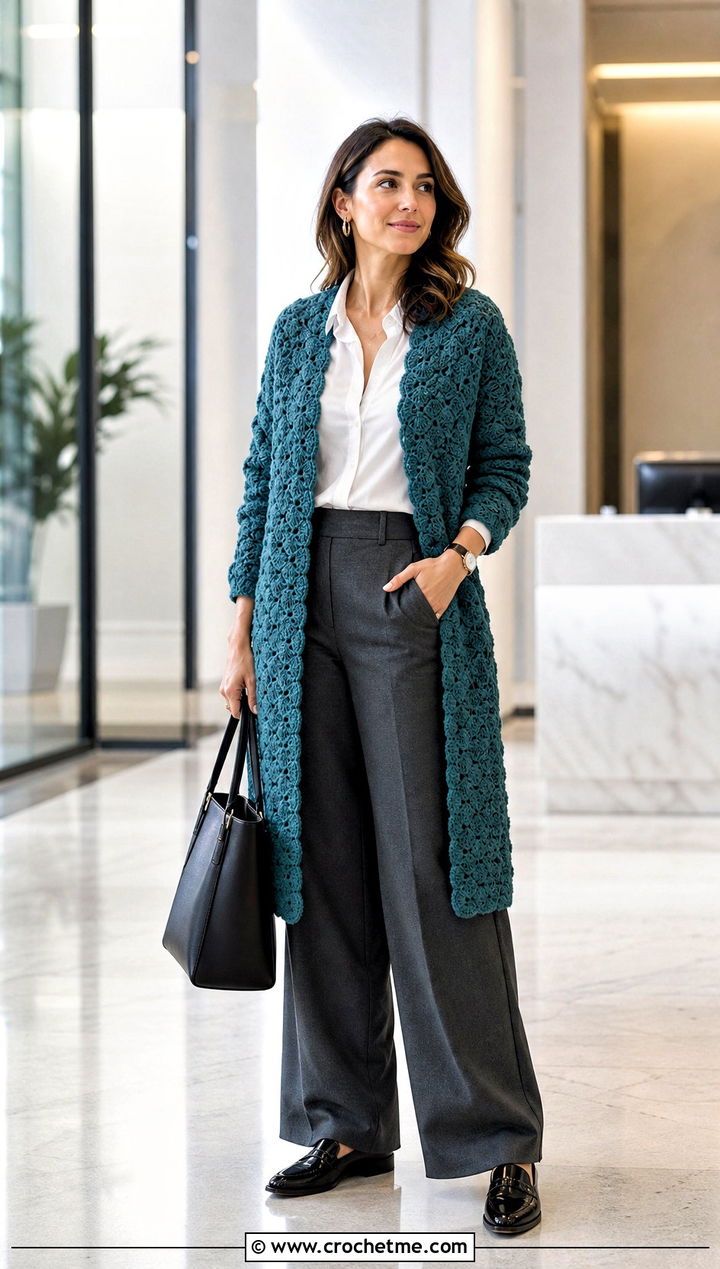 Shell Stitch Crochet Long Cardigan With Tailored Trousers - 20 Crochet Long Lacy Cardigan outfit ideas