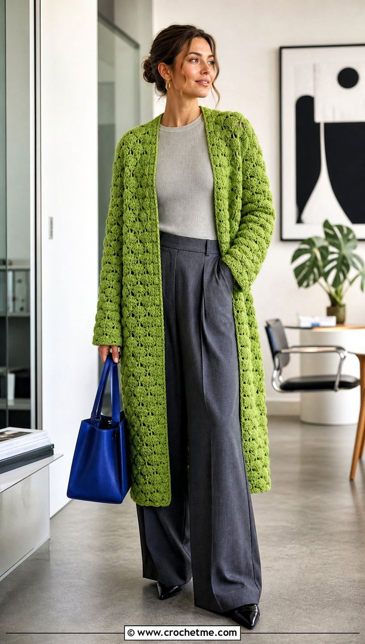 Shell Stitch Crochet Long Jacket With Pleated Trousers - 35 crochet long jacket outfit ideas