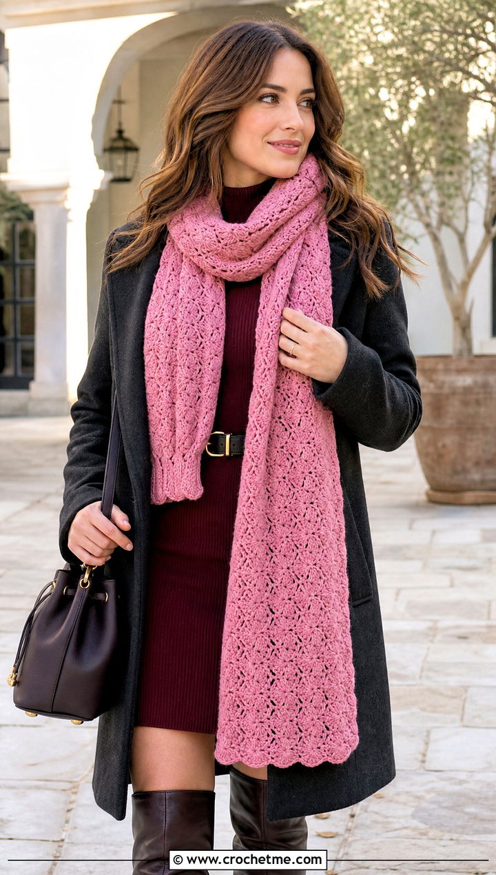 Shell Stitch Crochet Long Scarf With Sweater Dress And Tall Boots - 25 Crochet Long Scarf outfit ideas