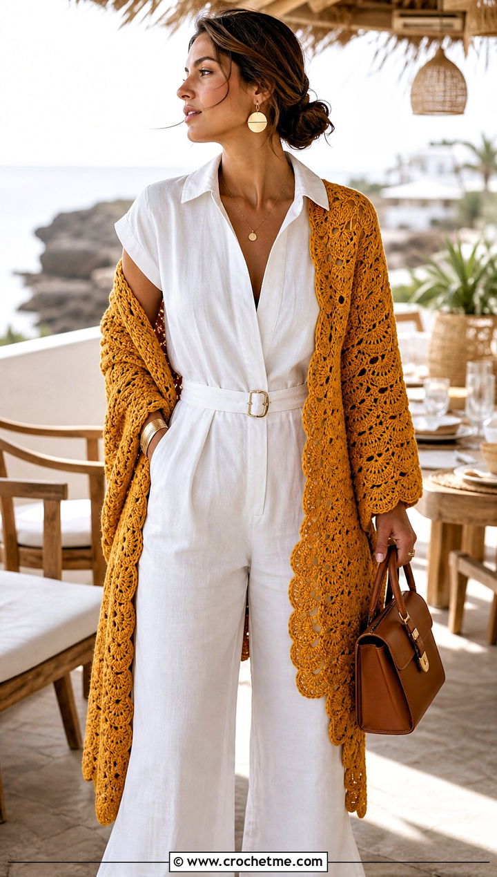 Shell Stitch Crochet Long Shawl With Linen Jumpsuit - 20 Crochet Long Shawl outfit ideas