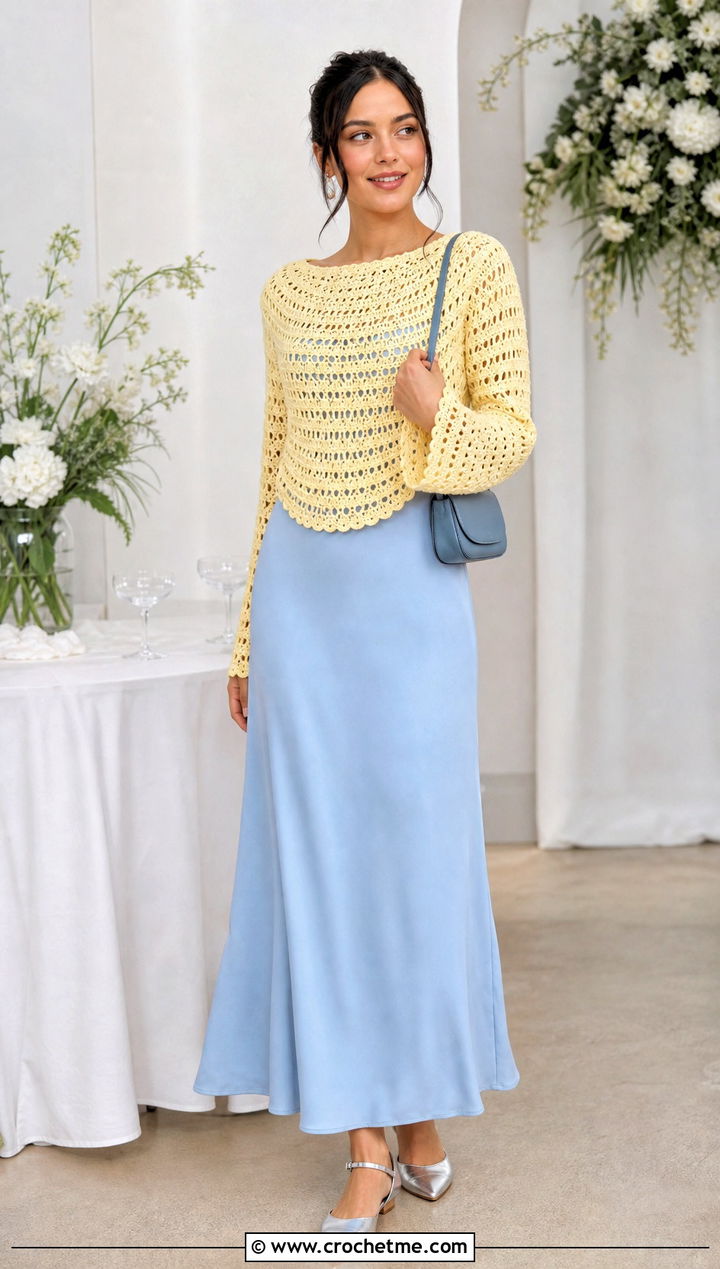 Shell Stitch Crochet Long Sleeved Top With Slip Dress - 25 Crochet Long Sleeved Top outfit ideas