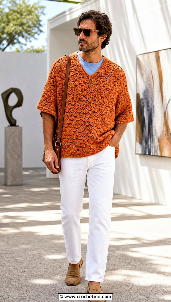 Shell Stitch Crochet Mens Poncho With White Denim - 25 crochet men's poncho outfit ideas