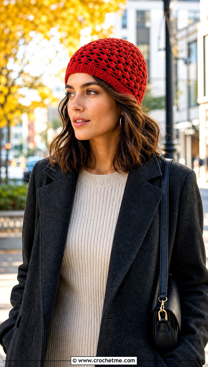 Shell Stitch Crochet Mesh Beanie With Knit Dress - 25 crochet mesh beanie outfit ideas