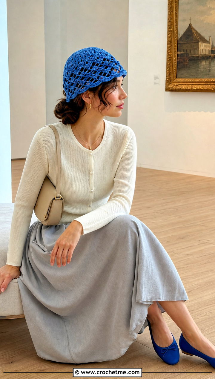 Shell Stitch Crochet Mesh Cap With Cardigan And Midi Skirt - 30 Crochet Mesh Cap outfit ideas