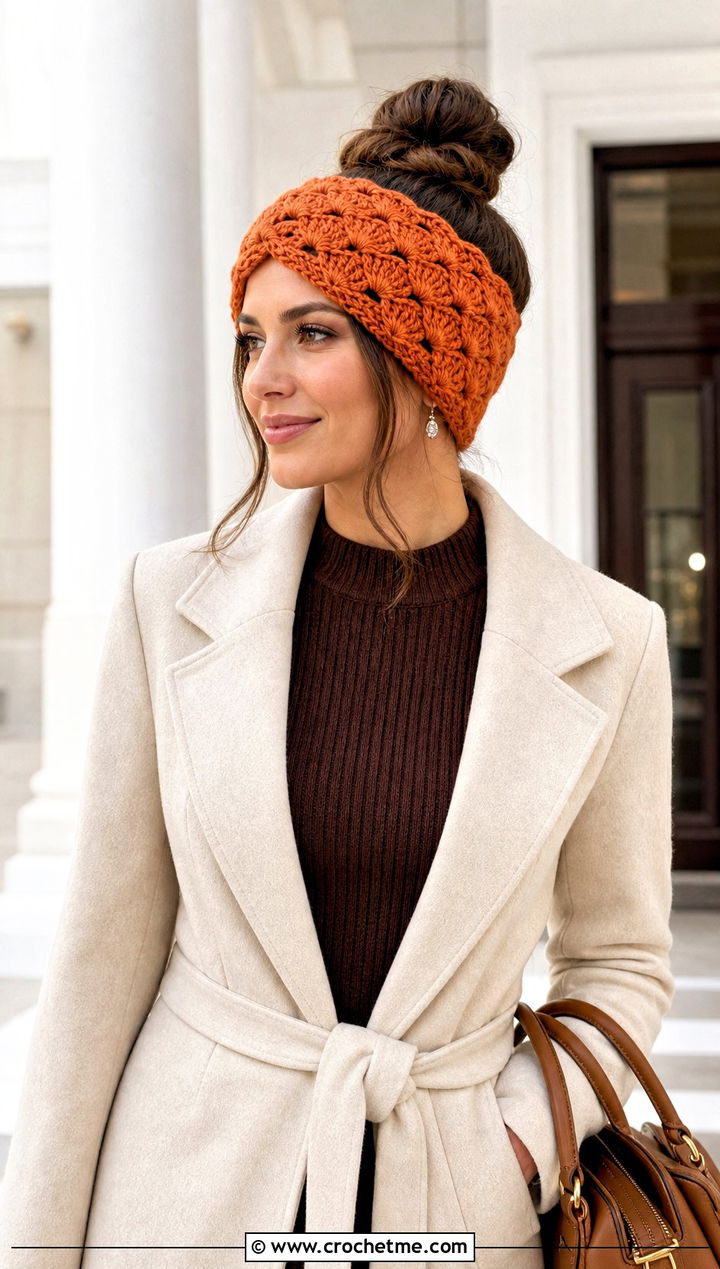 Shell Stitch Crochet Messy Bun Ear Warmer With Sweater Dress - 20 Crochet Messy Bun Ear Warmer outfit ideas