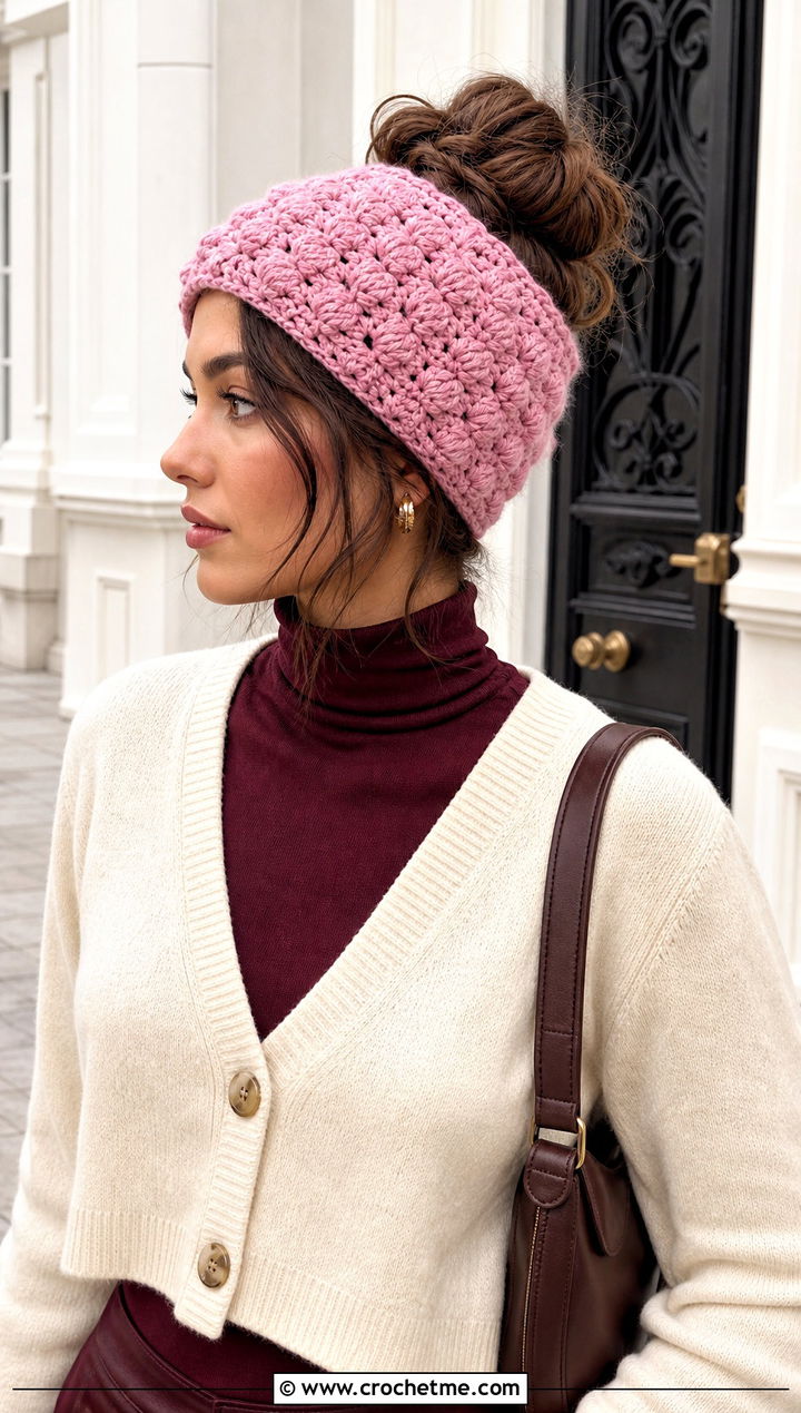 Shell Stitch Crochet Messy Bun Hat With Elastic And Midi Skirt - 25 Crochet Messy Bun Hat With Elastic outfit ideas