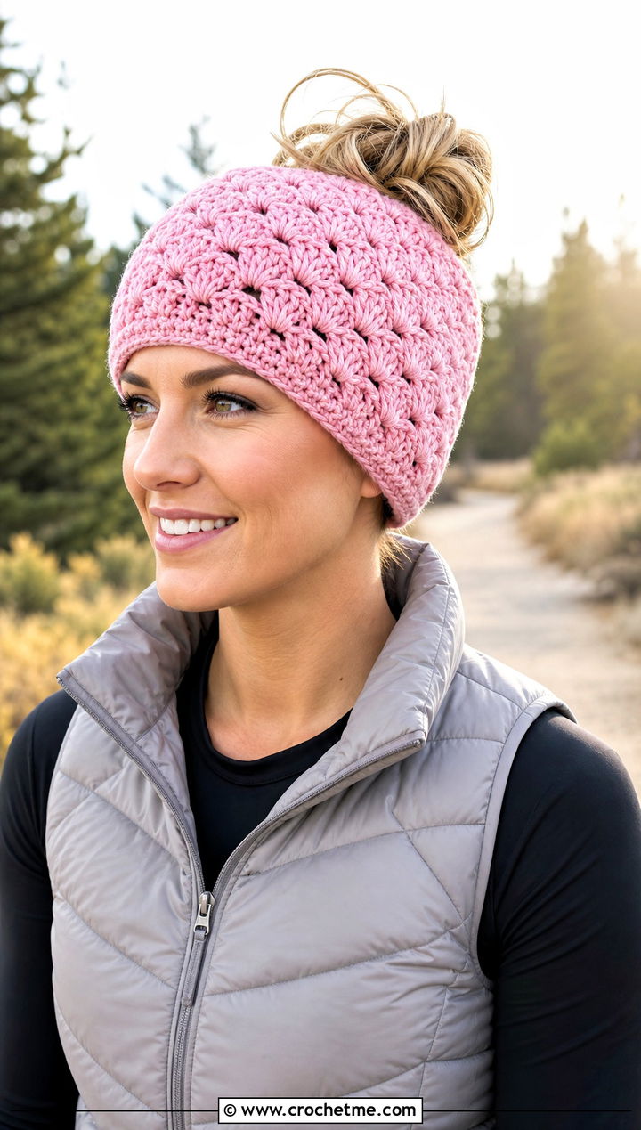 Shell Stitch Crochet Messy Bun Hat With Puffer Vest - 15 Easy Crochet Messy Bun Hat outfit ideas