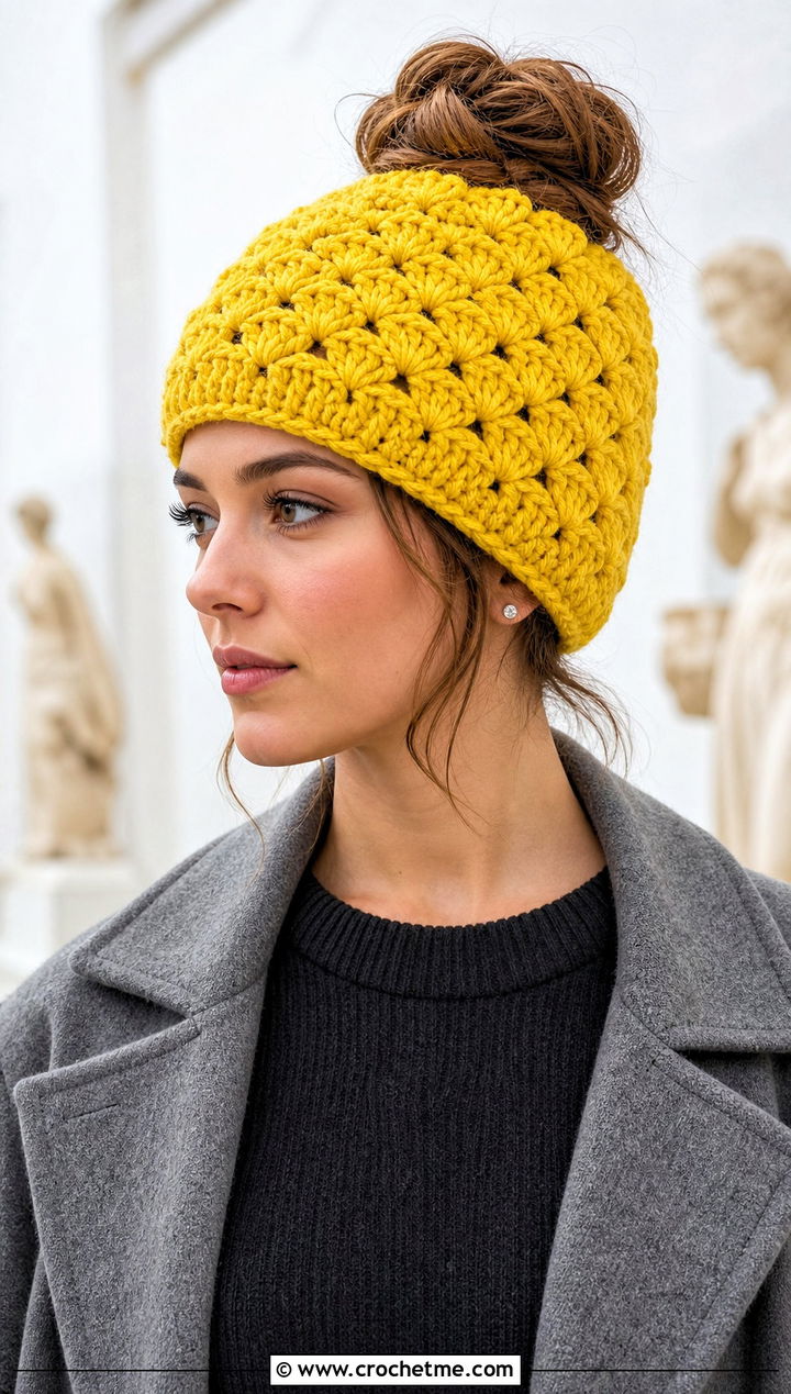 Shell Stitch Crochet Messy Bun Hat With Sweater Dress - 20 Crochet Messy Bun Hat Bulky Yarn outfit ideas